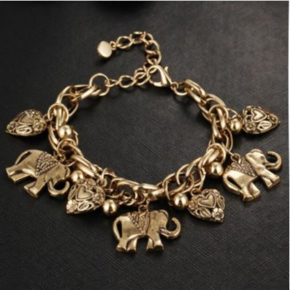 Boho Elephant Charm Bracelet Hearts Bells Bronze - Picture 1 of 5